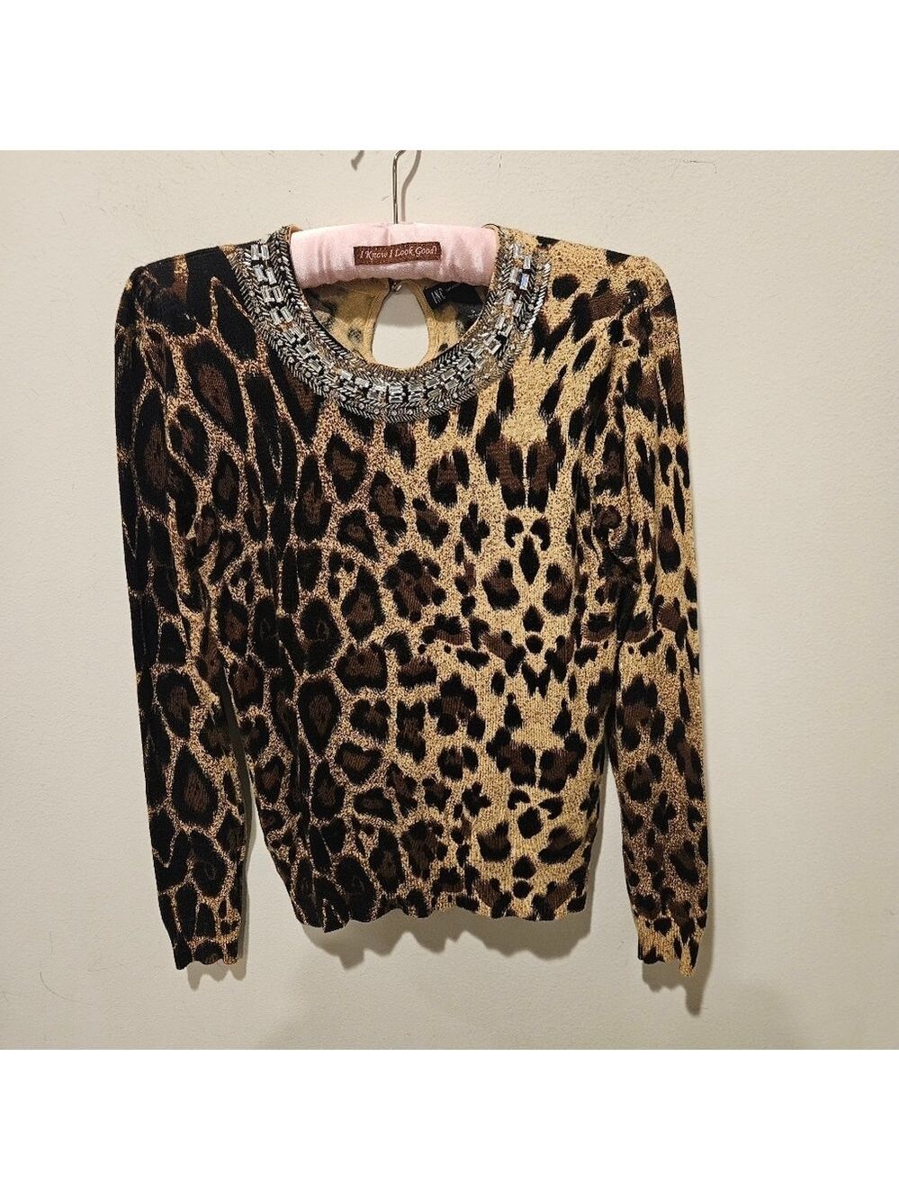 INC Women's Tight-Knit Animal Print Jeweled Neckline Pullover Sweater Size S - Picture 3 of 11